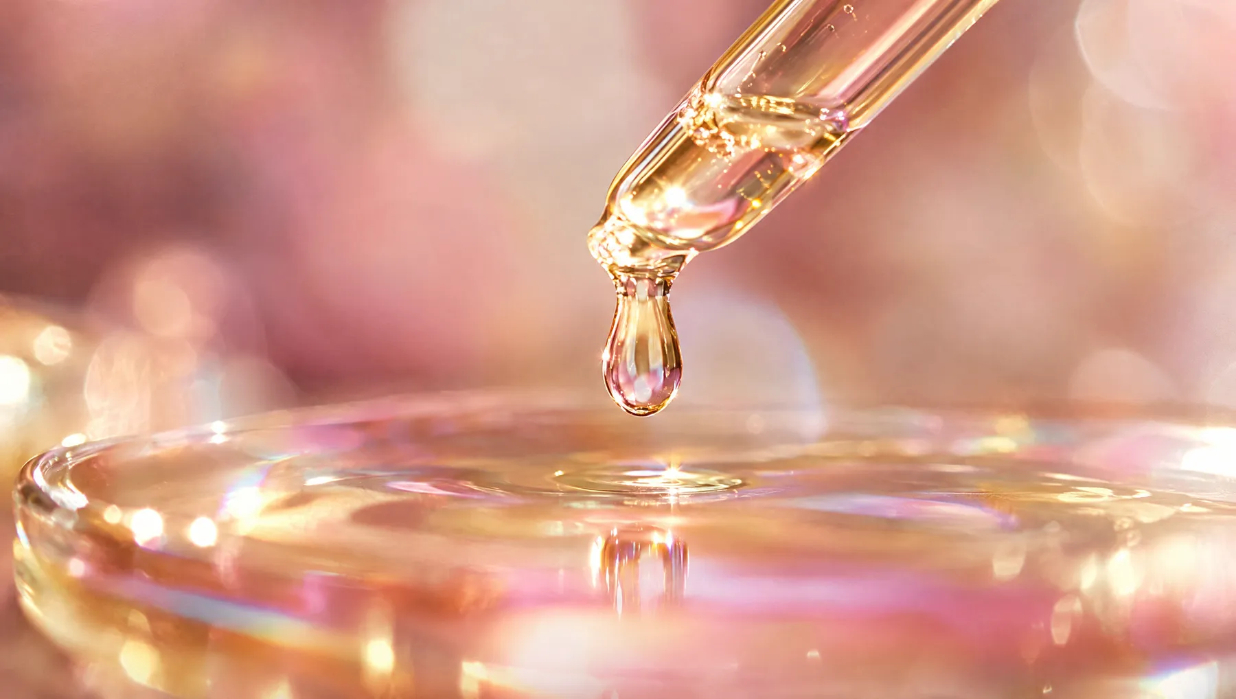 A drop of iridescent serum falling into a pool, becoming luminous skin